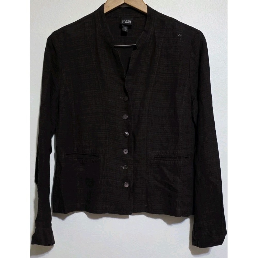 Eileen Fisher Brown Linen Blend Boxy Jacket Blazer Button Up M Casual Career EUC